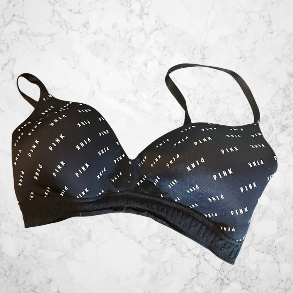 Victorias Secret PINK 36D Bra Black Print Wear Everywhere Wireless Lightly Lined